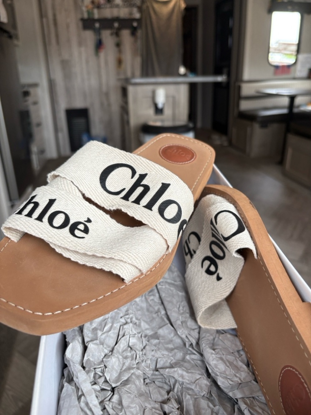 Beige Chloe Canvas Logo Slide Sandals - Womens